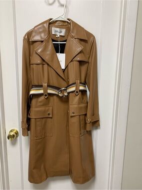 Diane Von Furstenberg Women's Tan Faux-Leather Trench Coat w/Striped Belt Sz. 0